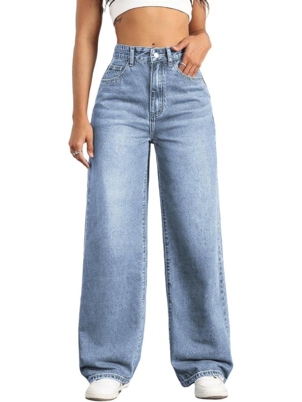 〽️Women's Light Blue High Rise Wide Leg Jeans Baggy Boyfriend Casual Denim